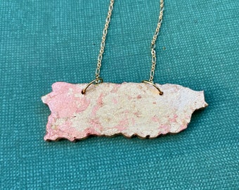 Puerto Rico Island Necklace: Gold & Rose Gold Leaf Resin Pendant