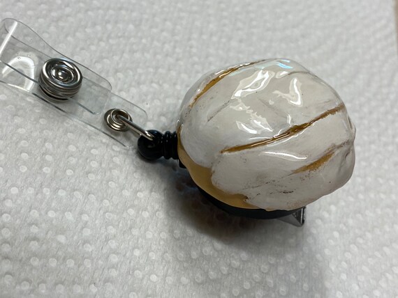Handmade Handpainted Paperclay White Concha With Retractable Badge Reel  With Alligator Clip 