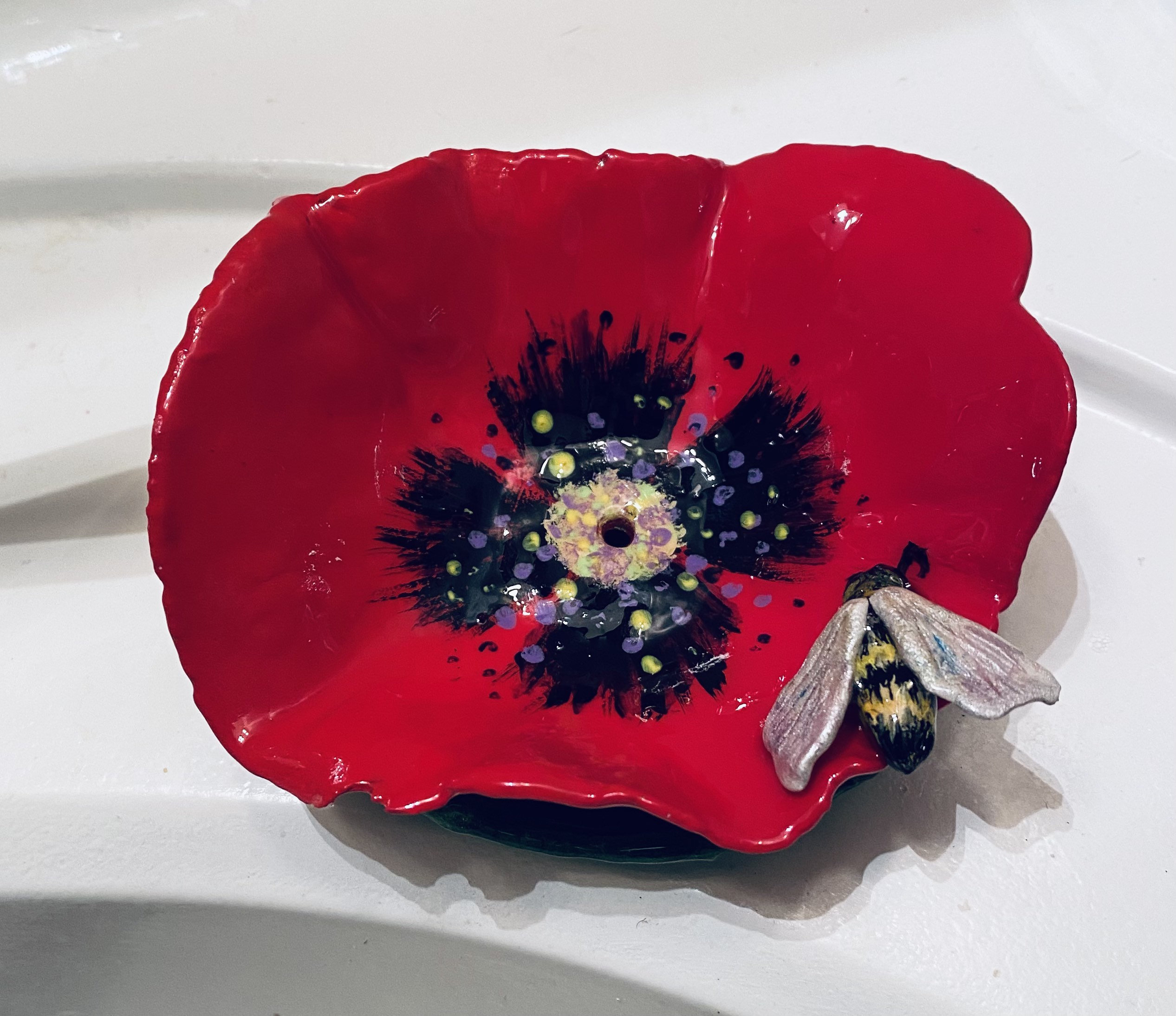 Handmade painted paperclay Red Poppy and Honey bee dish