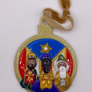 Hand made hand painted air dry clay Puerto Rican flag Three Wise Men wood ornament