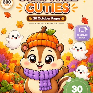 Pode incluir: Uma capa de livro de colorir digital intitulada COZY FALL CUTIES apresentando um esquilo de desenho animado usando um gorro de abóbora laranja e um cachecol roxo, cercado por três pequenos fantasmas brancos, abóboras e folhas de outono.