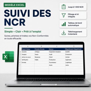 Può includere: Un modello Excel per il monitoraggio delle non conformità visualizzato su uno schermo di un portatile. L'interfaccia include colonne per stato, priorità, fonte e dipartimento. Include dashboard automatiche, filtraggio, ordinamento e download istantaneo.