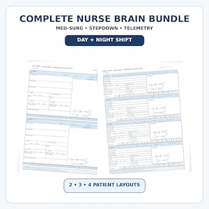 Nurse Brain Sheet Bundle | Med Surg, Stepdown + Telemetry Report Sheet | Day and Night Shift | 2, 3 & 4 Patient Printable PDF