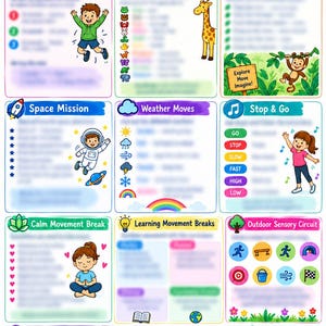 May include: A colourful educational poster titled MOVEMENT BREAKS featuring nine distinct sections with illustrations of children, animals, and icons. The chart includes categories like Animal Moves, Space Mission, and Weather Moves with text.
