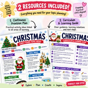 May include: Two educational resource sheets for Christmas topic planning. The first sheet details early years topic ideas, including role play and sensory play. The second sheet outlines a curriculum and learning guide with intent and observation goals.