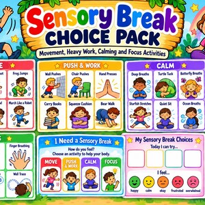 Puede incluir: Un cartel educativo Sensory Break Choice Pack con 28 tarjetas de actividades que ilustran niños realizando movimientos, trabajo pesado y ejercicios de calma. Incluye secciones para moverse, empujar, calmarse y enfocarse, además de un medidor de ánimo.