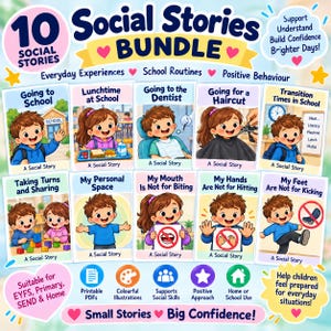 May include: A bundle of 10 social stories for children featuring colorful illustrations and text. Titles include Going to School, Lunchtime at School, Going to the Dentist, Going for a Haircut, Transition Times, Taking Turns, Personal Space, and behavioral guides.