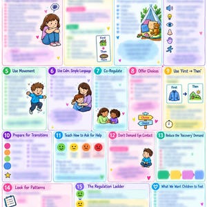 May include: An educational poster titled Supporting Children Who Are BECOMING DYSREGULATED in School, featuring fifteen numbered sections with illustrations of children, icons, and text to guide nursery and reception staff in supporting emotional regulation.