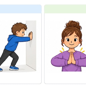 Può includere: Un'illustrazione digitale con due pannelli. Il pannello sinistro mostra una persona con felpa blu e pantaloni scuri che spinge contro una parete. Il pannello destro mostra una persona con maglia viola a maniche lunghe, chignon e mani giunte.
