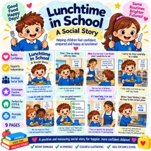 May include: A digital educational resource titled Lunchtime in School: A Social Story, featuring colorful illustrations of children in blue uniforms. The pages depict school dining routines, including lining up, choosing food, and using manners.