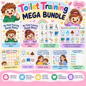Peut inclure: Un ensemble de ressources numériques Toilet Training Mega Bundle comprenant des histoires sociales illustrées pour garçons et filles, des cartes PECS de routine visuelle, des tableaux de communication, des tableaux de récompenses et des guides.