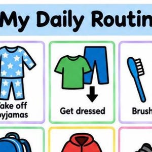 Könnte beinhalten: Eine Übersicht mit dem Titel My Daily Routine, die farbenfrohe Symbole für tägliche Aufgaben zeigt. Das Raster enthält Illustrationen eines Bettes, eines blauen Schlafanzugs mit Sternen, eines grünen T-Shirts, einer blauen Hose sowie Zahnbürste.