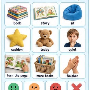 May include: An educational poster titled Reading Area featuring a grid of illustrations including a stack of books, an open storybook, a blue beanbag chair, a yellow star cushion, a brown teddy bear, and various icons representing actions and emotions.