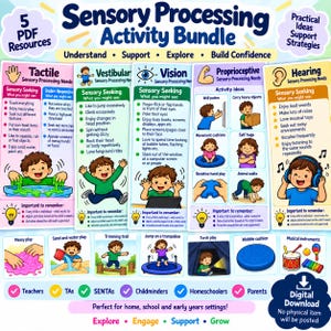 Peut inclure: Un ensemble d'activités sur le traitement sensoriel comprenant cinq affiches éducatives avec des illustrations et du texte. Le contenu couvre les besoins tactiles, vestibulaires, visuels, proprioceptifs et auditifs, incluant des idées d'activités et des conseils.