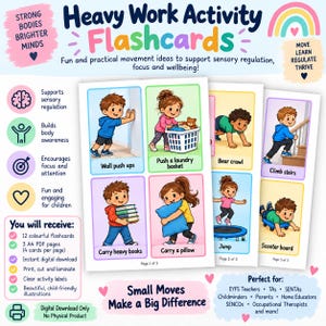 Può includere: Un set di flashcard per attività di lavoro pesante con illustrazioni colorate di bambini che eseguono compiti fisici come flessioni al muro, trasportare libri e saltare. Il download digitale include 12 carte su 3 pagine A4 con etichette di testo per ogni movimento per supportare la regolazione sensoriale.