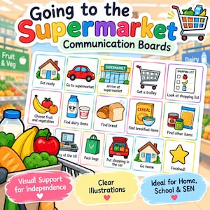 May include: A communication board titled Going to the Supermarket featuring colourful icons for shopping steps like Get ready, Go to supermarket, Get a trolley, Look at shopping list, Choose fruit and vegetables, Find dairy, bread, and cereal.