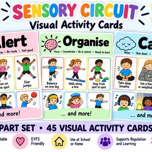 Könnte beinhalten: Ein Set aus 45 Sensory Circuit Visual Activity Cards, unterteilt in die Kategorien Alert, Organise und Calm. Jede Karte zeigt farbenfrohe Illustrationen von Kindern bei körperlichen Aktivitäten mit Textbeschriftungen wie Jumping jacks, Balance on one leg und Take deep breaths. Das Design umfasst Überschriften, Symbole und pädagogische Texte.