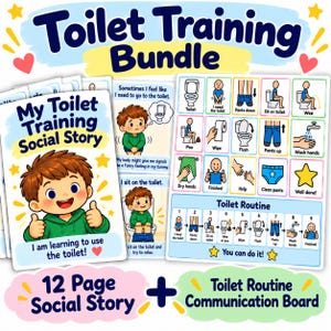 Puede incluir: Un paquete de entrenamiento para ir al baño que incluye un libro de historia social de 12 páginas con un niño de dibujos animados en la portada y un tablero de comunicación de rutina. El tablero muestra iconos coloridos y texto para los pasos.
