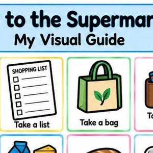 May include: A visual guide titled Going to the Supermarket featuring a shopping cart and store icon. It includes illustrated steps: put on a green coat, put on grey shoes, take a shopping list, take a green bag, take a brown wallet, and travel in a red car.