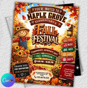 May include: A flyer for Maple Grove Elementary's Fall Festival featuring a scarecrow, autumn leaves, and pumpkins. Text includes event details, date of Monday, August 12, time of 5:00 PM - 10:00 PM, location at 435 Sunlight Lane, Little Rock, AR 72210, and phone number.