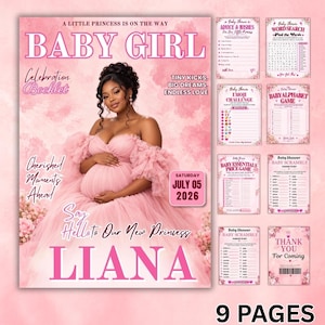 May include: A pink baby shower booklet featuring a pregnant person in a tulle gown on the cover. The text reads A LITTLE PRINCESS IS ON THE WAY, BABY GIRL, LIANA, and JULY 05 2026. Includes eight additional game and activity pages with pink floral accents.