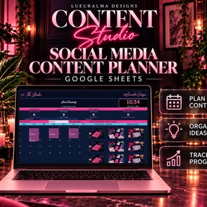 May include: A laptop displaying a Google Sheets social media content planner with a dark interface, pink accents, and a calendar view. Text reads LUEURALMA DESIGNS CONTENT STUDIO SOCIAL MEDIA CONTENT PLANNER GOOGLE SHEETS PLAN CONTENT ORGANIZE IDEAS TRACK PROGRESS.