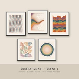Puede incluir: Un conjunto de cinco láminas de arte mural enmarcadas con diseños abstractos de líneas geométricas, patrones ondulados y motivos circulares en tonos naranja, azul, verde y morado. El texto inferior dice GENERATIVE ART SET OF 5.