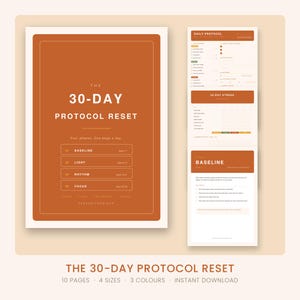 Könnte beinhalten: Ein digitaler Planer mit dem Titel The 30-Day Protocol Reset mit einem rostorangen Einband, der vier Phasen zeigt: Baseline, Light, Rhythm und Focus. Die Innenseiten enthalten eine tägliche Protokoll-Checkliste und einen 30-Tage-Tracker.