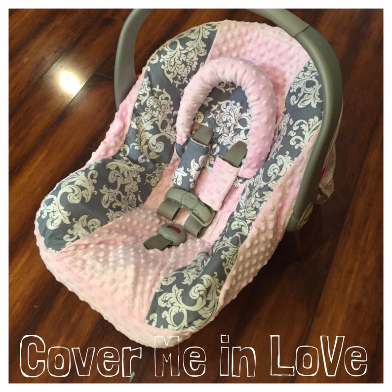Grey damask and pink minky Car seat canopy set with matching Etsy