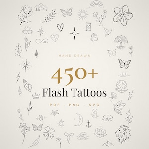 Könnte beinhalten: Eine Sammlung von schwarzen Strichzeichnungen mit über 450 Flash-Tattoos, darunter Schmetterlinge, Blumen, Tiere, himmlische Symbole und geometrische Formen. Der Text lautet: HAND DRAWN 450+ Flash Tattoos PDF PNG SVG.