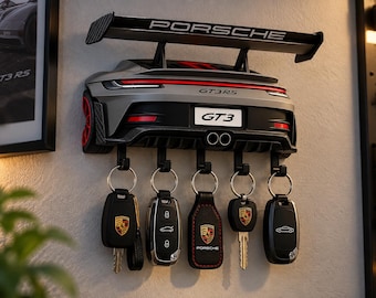 Soporte para llaves Porsche 911 GT3 RS – Organizador de pared con 5 ganchos, decoración de garaje impresa en 3D