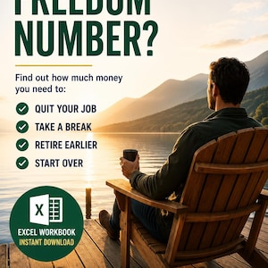 Może przedstawiać: Cyfrowa ulotka zatytułowana WHAT'S YOUR FREEDOM NUMBER? przedstawiająca osobę siedzącą na drewnianym krześle nad jeziorem o zachodzie słońca. Tekst wymienia cele takie jak QUIT YOUR JOB i RETIRE EARLIER, z ikoną programu Excel oraz napisem CLARITY TODAY.