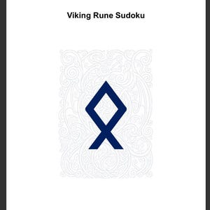 May include: A white book cover titled Viking Rune Sudoku Book 1 with a difficulty level of Easy. The cover features a large dark blue rune in the center, intricate light gray line art, and black dragon illustrations in the bottom corners.