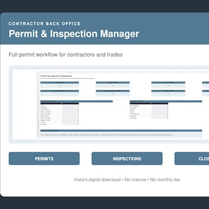 Könnte beinhalten: Eine digitale Tabellenvorlage mit dem Titel Contractor Back Office Permit & Inspection Manager. Sie bietet ein Dashboard-Layout mit Abschnitten für Genehmigungen, Inspektionen und Abschluss sowie Tabellen zur Nachverfolgung von Status und Arbeitsabläufen.