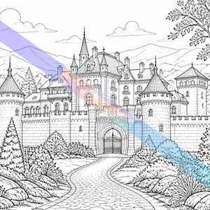 Può includere: Una pagina da colorare in bianco e nero raffigurante un grande castello con molteplici torri, un muro di pietra e un ingresso con cancello. Un sentiero acciottolato conduce al cancello, circondato da alberi, cespugli, rocce e montagne sotto un cielo nuvoloso.