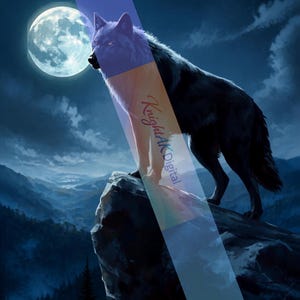 May include: A digital illustration of a dark wolf standing on a rocky cliff under a full moon in a night sky. A diagonal semi-transparent banner overlays the image, featuring the text KnightAKDigital in a cursive red font against a gradient.