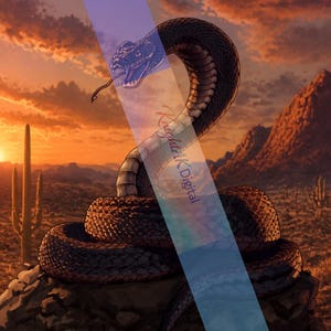 May include: A digital illustration of a coiled dark snake with an open mouth and visible fangs, positioned on a rocky desert terrain at sunset. A diagonal blue translucent banner overlays the image, featuring the text KnightAK Digital.