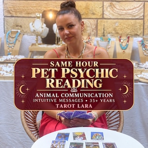 May include: A rectangular sign with a deep red background and gold text reading SAME HOUR PET PSYCHIC READING, ANIMAL COMMUNICATION, INTUITIVE MESSAGES, 35+ YEARS, and TAROT LARA, featuring crescent moon and star icons on the sides.