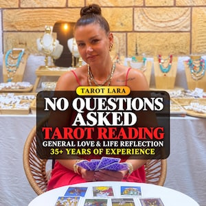 May include: A tarot reading service advertisement featuring the text TAROT LARA NO QUESTIONS ASKED TAROT READING GENERAL LOVE & LIFE REFLECTION 35+ YEARS OF EXPERIENCE. A person in a red top holds a fan of tarot cards over a white table with cards.