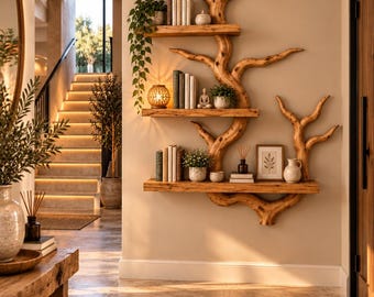 Op de afbeelding: Een wandplankensysteem gemaakt van natuurlijk lichtbruin hout, gevormd als een boom met drie horizontale planken. De planken bevatten diverse boeken, kleine potplanten, een decoratieve bol, een ingelijste print en een klein beeldje.