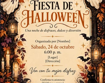 May include: A Halloween party invitation card featuring a cream-coloured centre with the text Te invitamos a una FIESTA DE HALLOWEEN, surrounded by illustrations of ghosts, pumpkins, lanterns, bats, a black cat, and autumn leaves on a dark border.