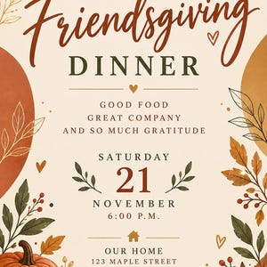 Moderne Einladung zum Friendsgiving, Boho-Herbst-Dinnerparty, minimalistisches Thanksgiving-Potluck, personalisierte digitale Einladung