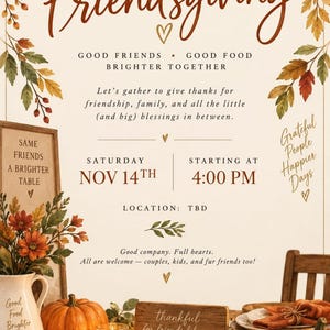 Uitnodiging voor Friendsgiving, herfstpotluck, gezellige Thanksgiving-bijeenkomst met het hele gezin, gepersonaliseerde digitale uitnodiging voor een herfstdiner