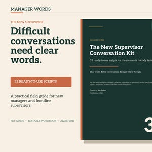 May include: A digital guide titled The New Supervisor Conversation Kit with a dark green cover, white text, and orange accents. It features 32 ready-to-use scripts for managers, including a PDF guide, an editable workbook, and the Aleo font file.
