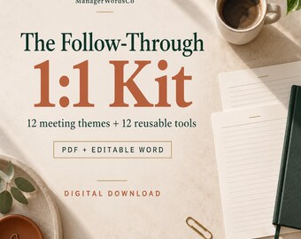 1:1 Meeting Kit for Managers, 12 Themes, Editable Word Tools and PDF Guide