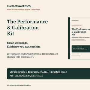 May include: The Performance & Calibration Kit by MANAGERWORDSCO is a digital document set featuring a 28-page guide, 12 reusable tools, and 4 practice cases. The text includes Clear standards. Evidence you can explain. PDF and editable Word formats.