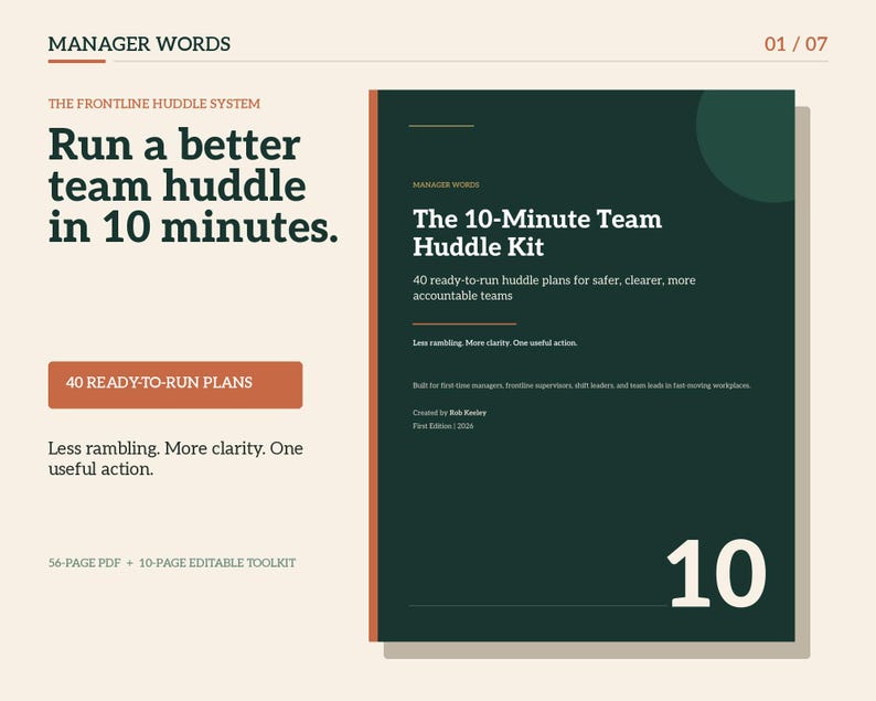 May include: A digital product titled The 10-Minute Team Huddle Kit, featuring 40 ready-to-run huddle plans for teams. The dark green cover displays the text Run a better team huddle in 10 minutes, 40 ready-to-run plans, and 56-page PDF + 10-page editable toolkit.