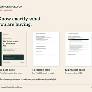 May include: A digital product display titled ManagerWordsCo featuring The Performance & Calibration Kit. It includes a 28-page guide, 12 editable tools in a Word file, and 12 printable PDF pages. The layout shows document covers and lists contents.