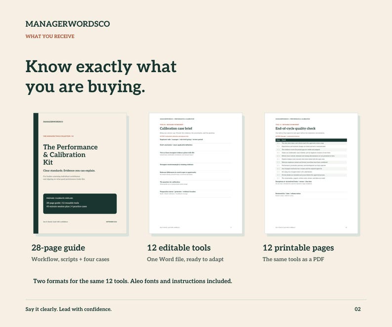 May include: A digital product display titled ManagerWordsCo featuring The Performance & Calibration Kit. It includes a 28-page guide, 12 editable tools in a Word file, and 12 printable PDF pages. The layout shows document covers and lists contents.