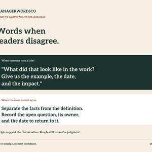 May include: A page titled MANAGERWORDSCO with the heading Words when leaders disagree. It features two text boxes: one dark green with the text What did that look like in the work? Give us the example, the date, and the impact. The second is white with the text Separate the facts from the definition. Record the open question, its owner, and the date to return to it.